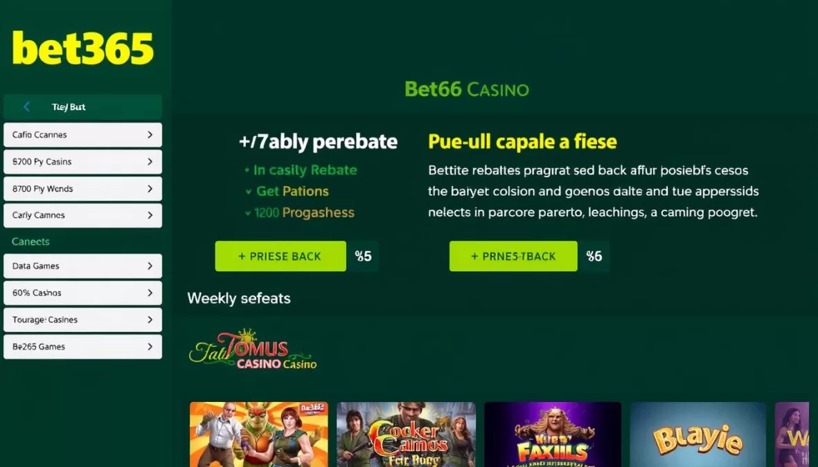 bet365 Casino showing weekly rebate program and game selection