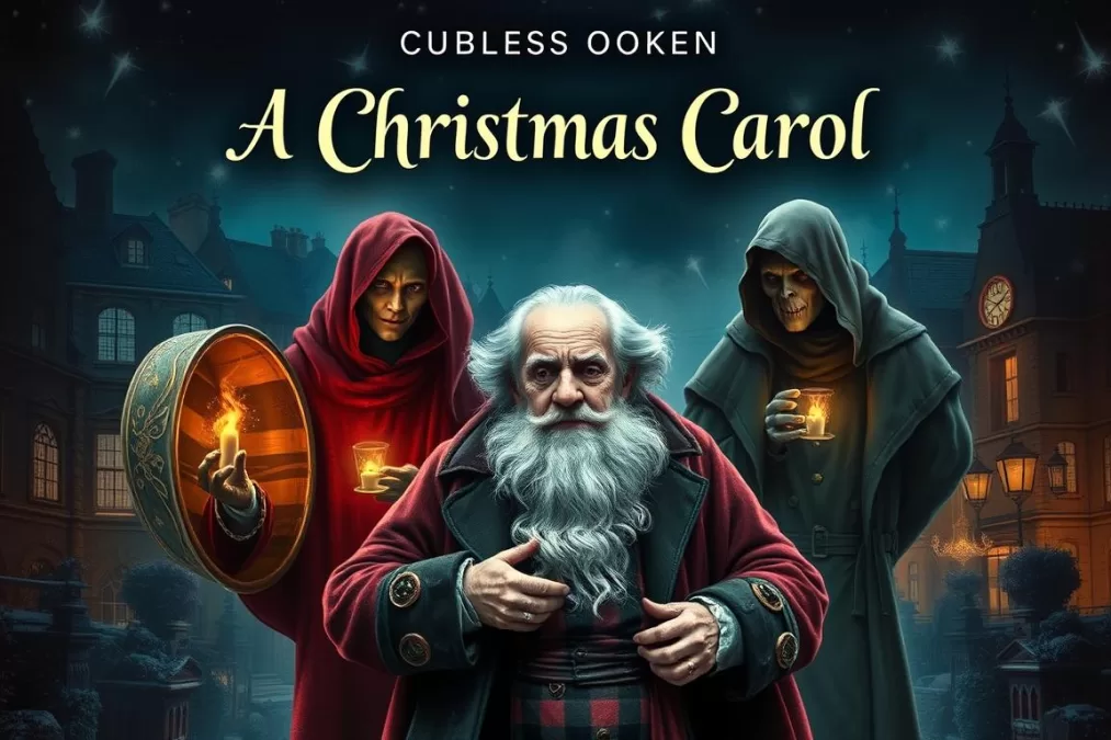 A Christmas Carol by Charles Dickens book cover featuring Ebenezer Scrooge and the three ghosts