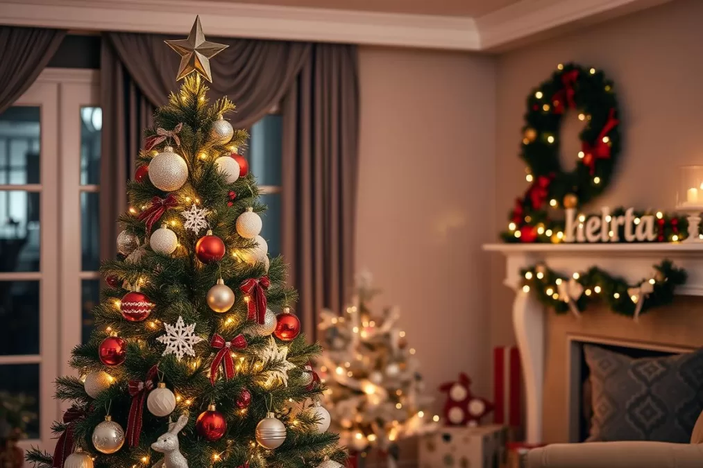 A beautifully decorated traditional Christmas tree with ornaments, lights, and a star topper