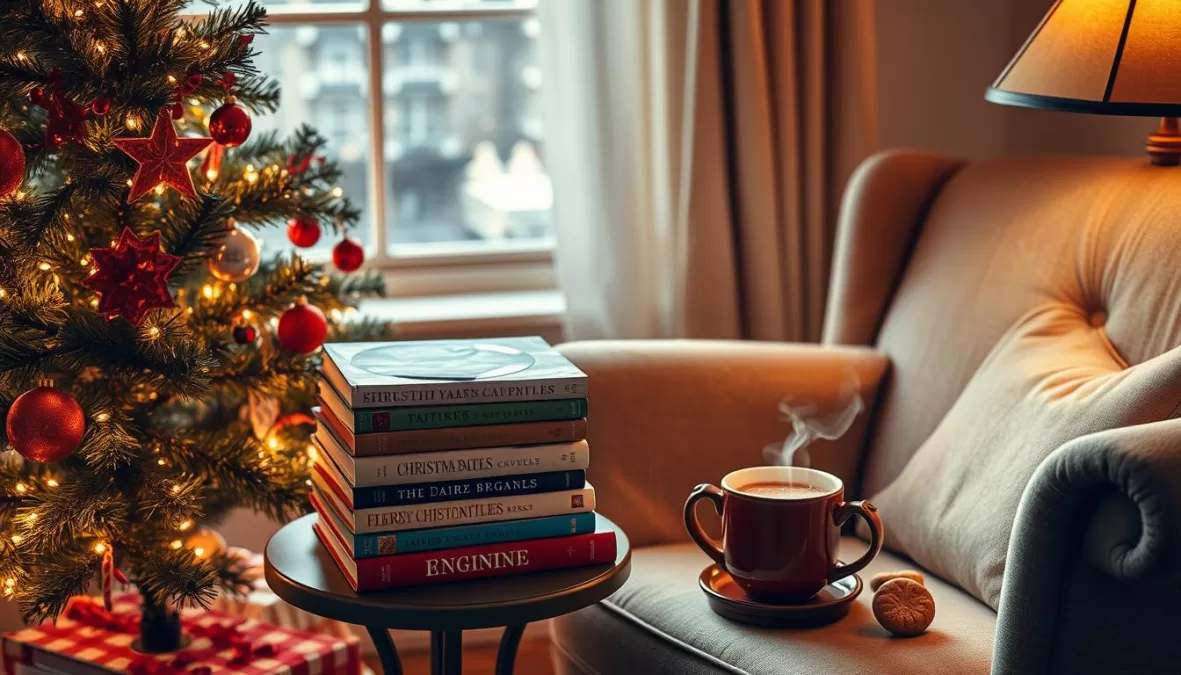 A cozy reading nook decorated for Christmas with books, a warm blanket, and holiday decorations