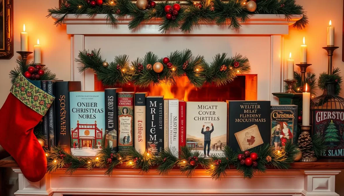 A festive holiday scene with Christmas books arranged near a fireplace with decorations