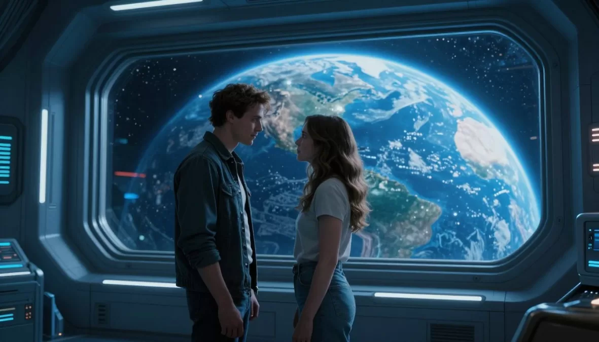 Across the Stars sci-fi romance showing couple in futuristic setting
