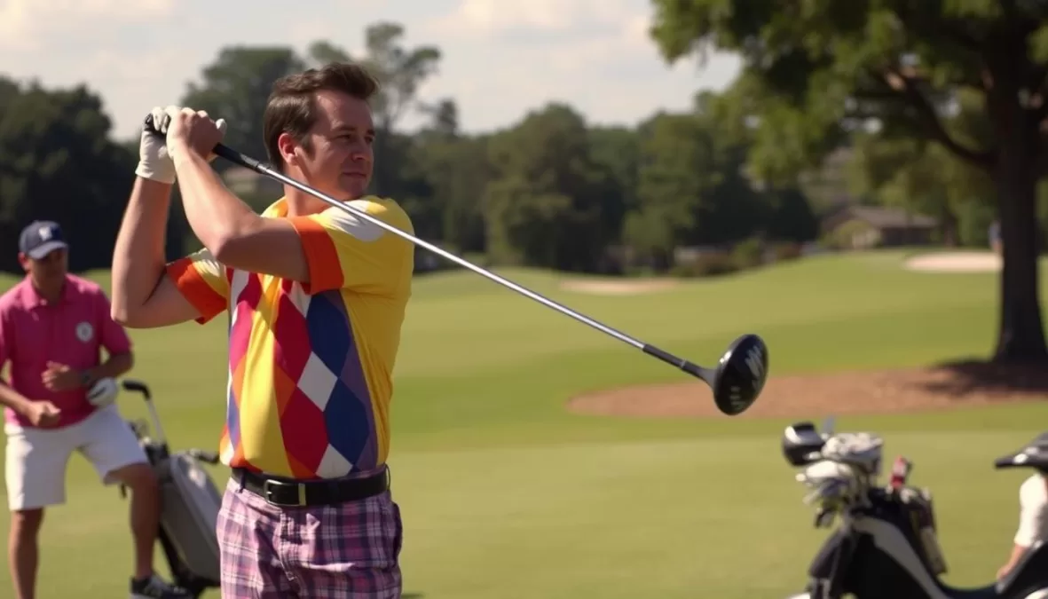 Adam Sandler in golf attire swinging a club in Netflix movies 2025 comedy Happy Gilmore 2