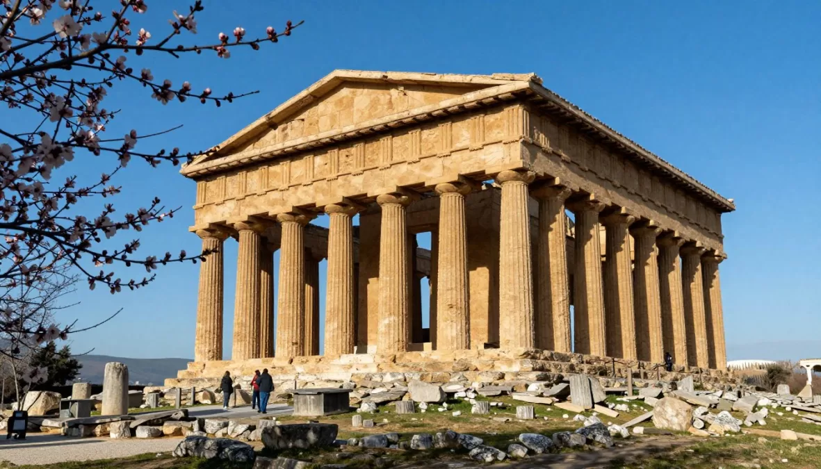 Ancient Greek Temple of Concordia in Agrigento, Sicily with almond blossoms in January 2026