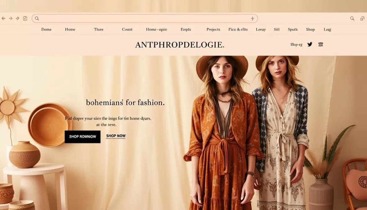 Anthropologie website featuring bohemian-inspired women's fashion