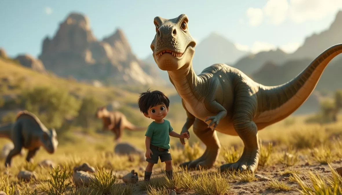 Arlo the dinosaur and Spot the human boy exploring a more developed prehistoric world with other dinosaur species