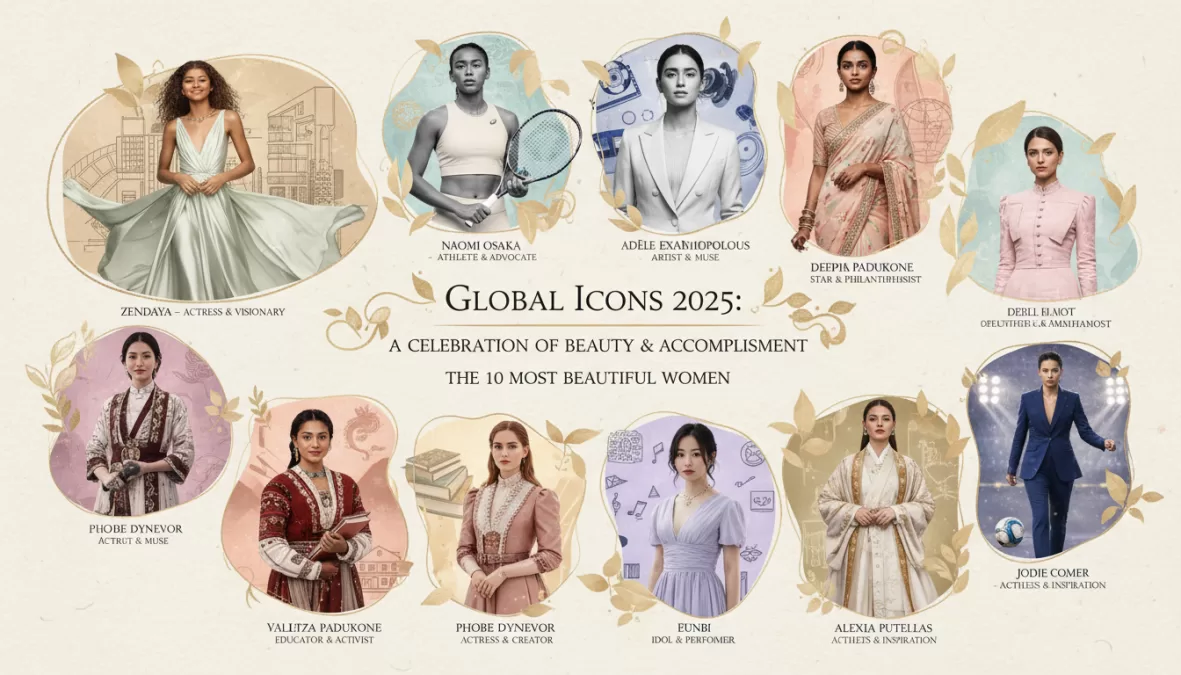 Artistic collage of the top 10 beautiful women in the world 2025 showing diversity in beauty
