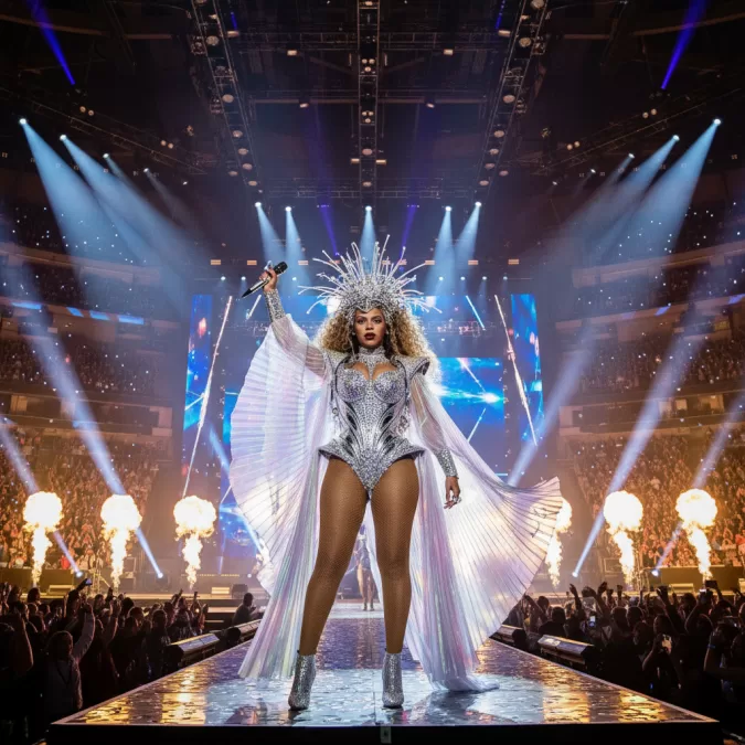Beyoncé performing at a 2025 concert showcasing her dynamic presence