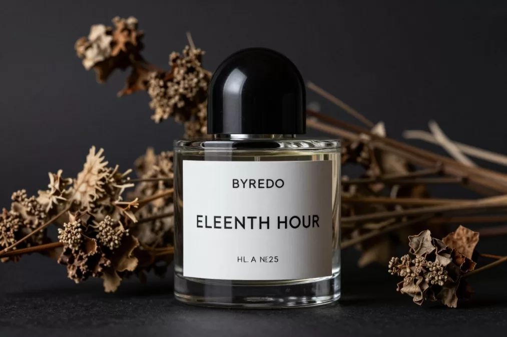Byredo Eleventh Hour bottle with minimalist design against winter landscape