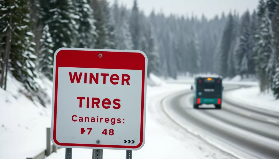 Canadian highway sign indicating winter tire requirements in snowy conditions
