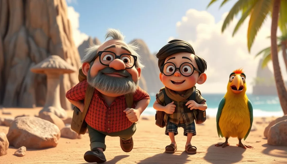 Carl Fredricksen and Russell from Up on a new adventure with Dug the dog and Kevin's children in an exotic location