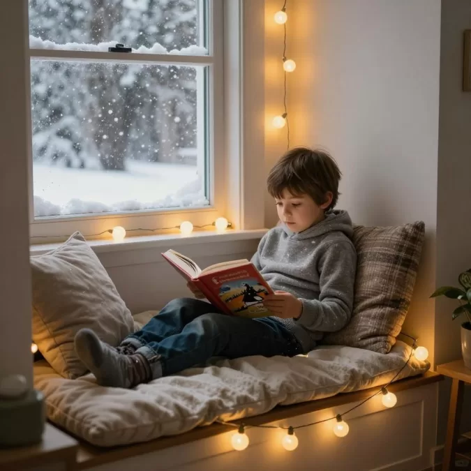 Child reading winter book in cozy reading nook