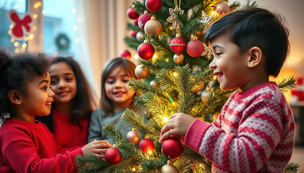 Children decorating a Christmas tree while listening to top 10 new Christmas songs 2025 for kids