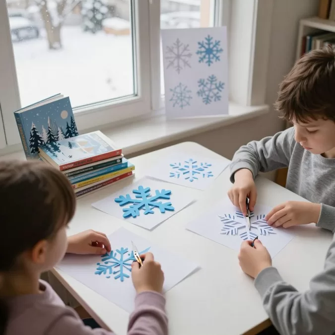 Children making paper snowflakes after reading winter books