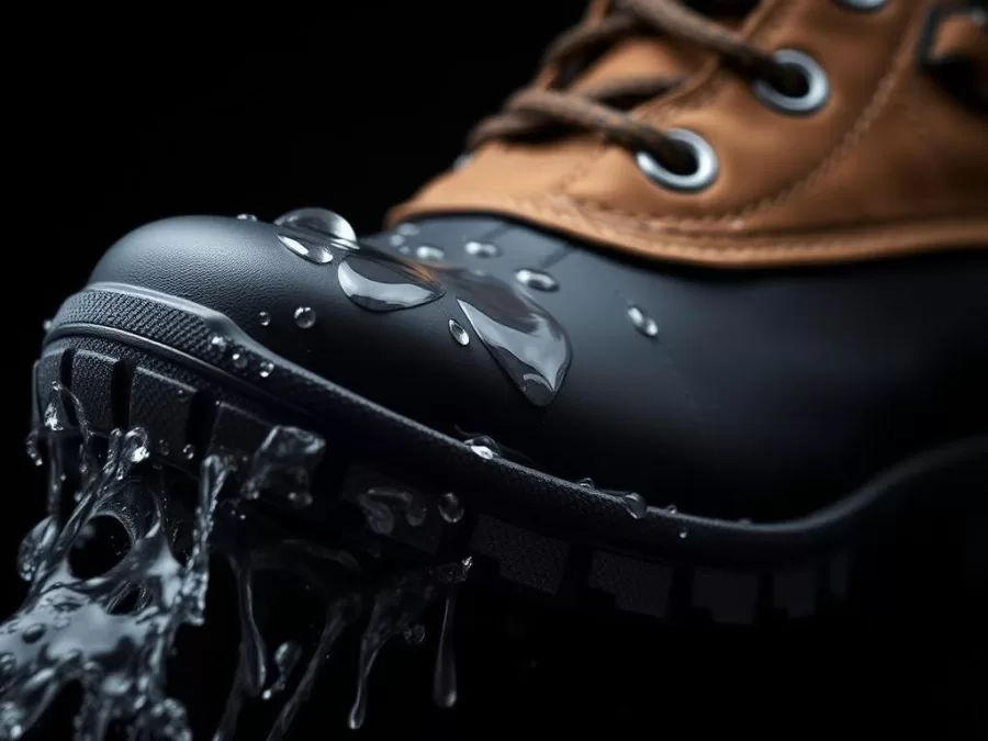 Close-up of waterproof winter boot with water beading off the surface, demonstrating effective waterproofing technology
