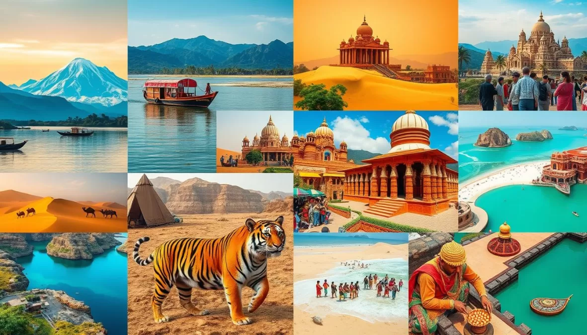 Collage of India's diverse landscapes from mountains to beaches, showcasing the top 10 best travel destinations in India for 2026