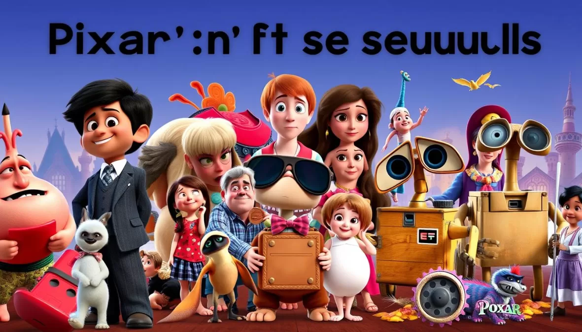 Collage of Pixar movies that need sequels showing characters from various films including Coco, Ratatouille, and Wall-E