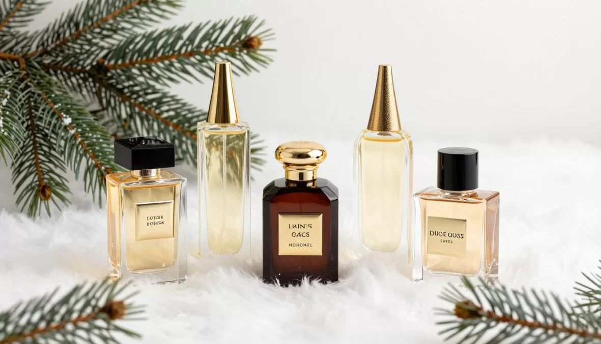 Collection of luxury winter fragrances for women arranged on a snowy backdrop with pine branches