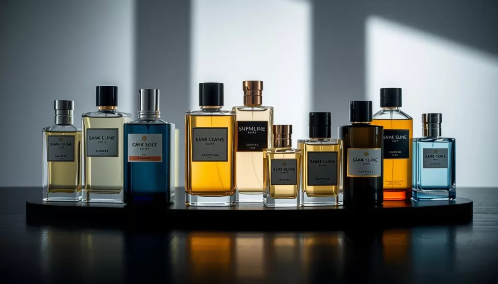 Collection of the top 10 perfumes for men in 2026 arranged elegantly on a wooden surface