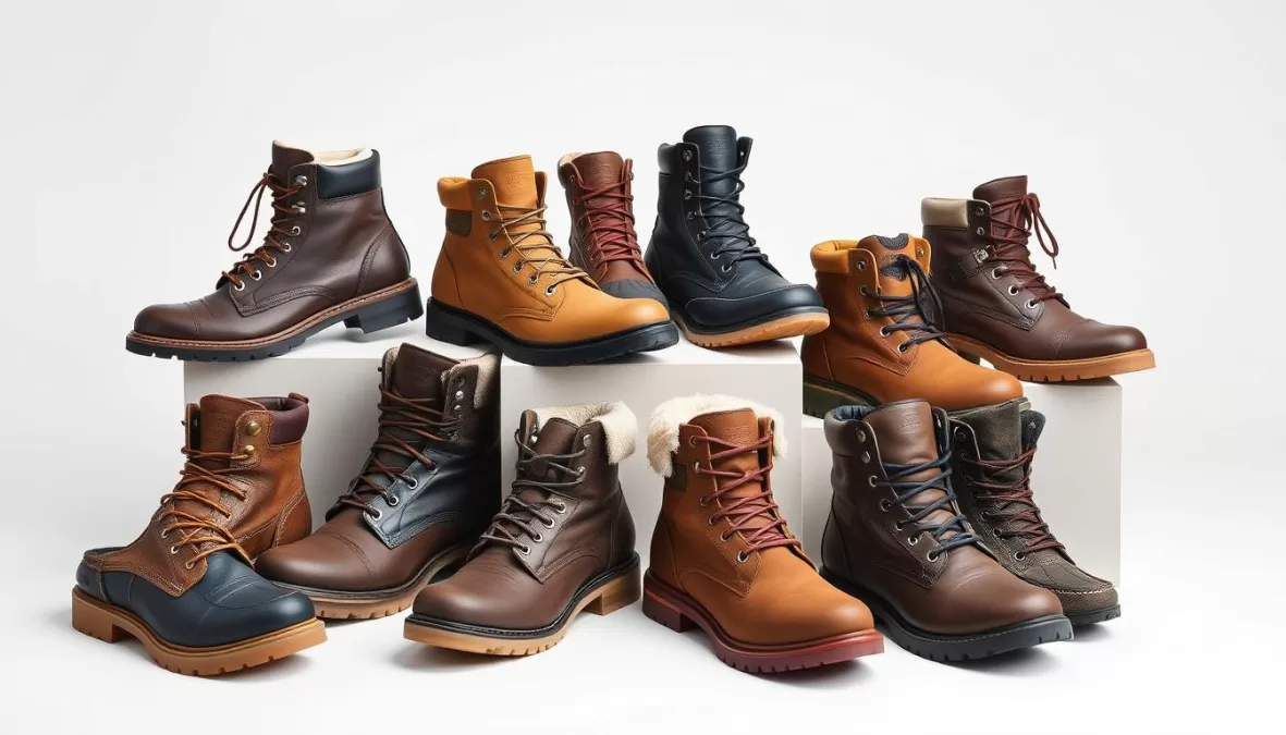 Collection of the top 10 winter boots for men 2025 arranged in a display showing various styles and designs