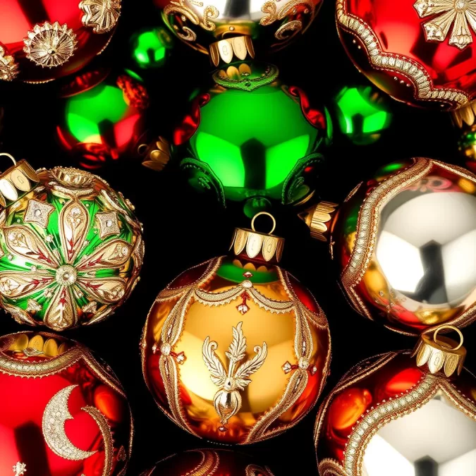 Collection of vintage glass Christmas ornaments in traditional colors