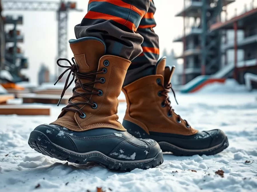 Construction worker in heavy-duty winter work boots standing in snowy worksite