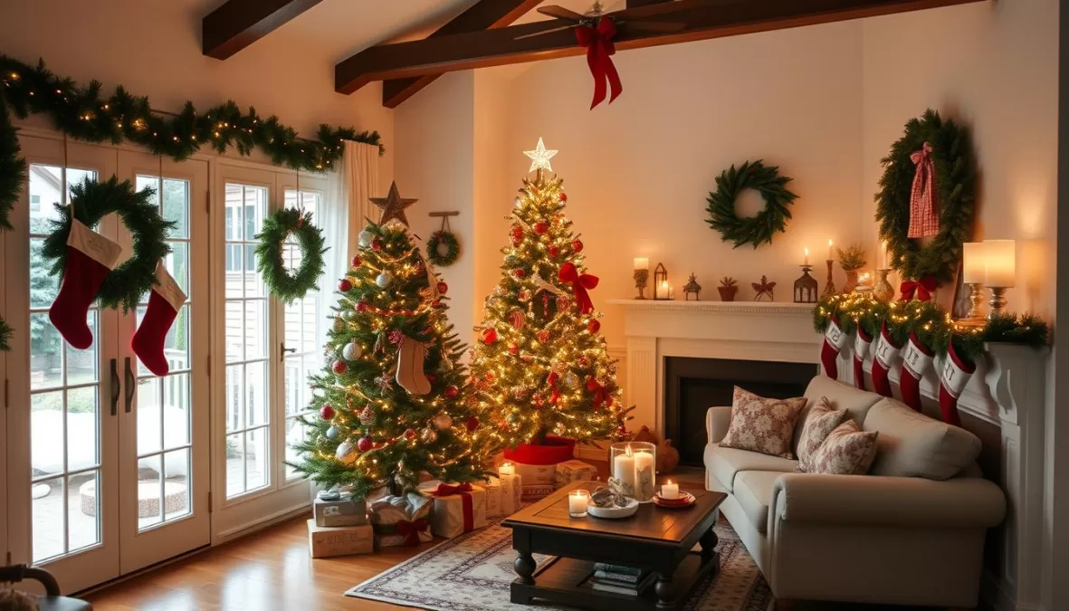Cozy living room decorated with traditional Christmas elements