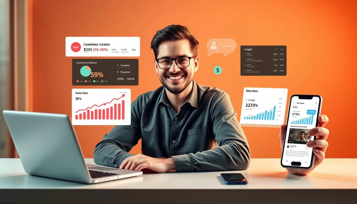 Creator working with subscription platform on multiple devices showing successful monetization