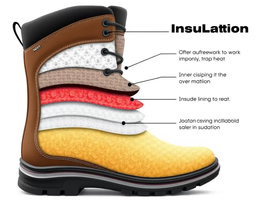 Cross-section view of winter boot insulation layers showing how they trap heat to keep feet warm