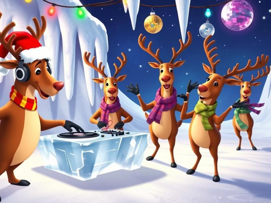 DJ North Pole's Reindeer Dance Party animation from top 10 new Christmas songs 2025 for kids