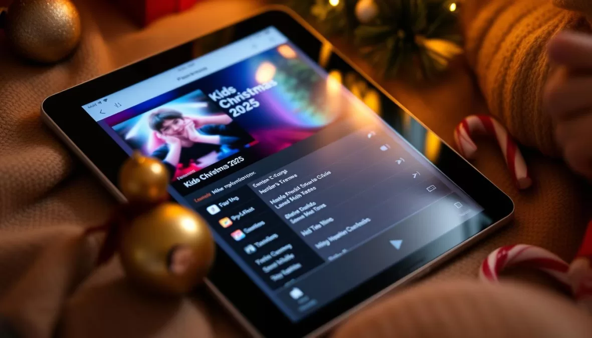 Digital tablet showing a Christmas playlist with top 10 new Christmas songs 2025 for kids