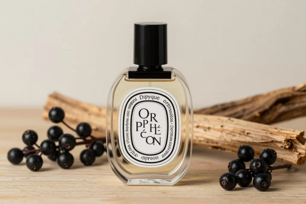 Diptyque Orphéon bottle with classic Diptyque design against winter setting
