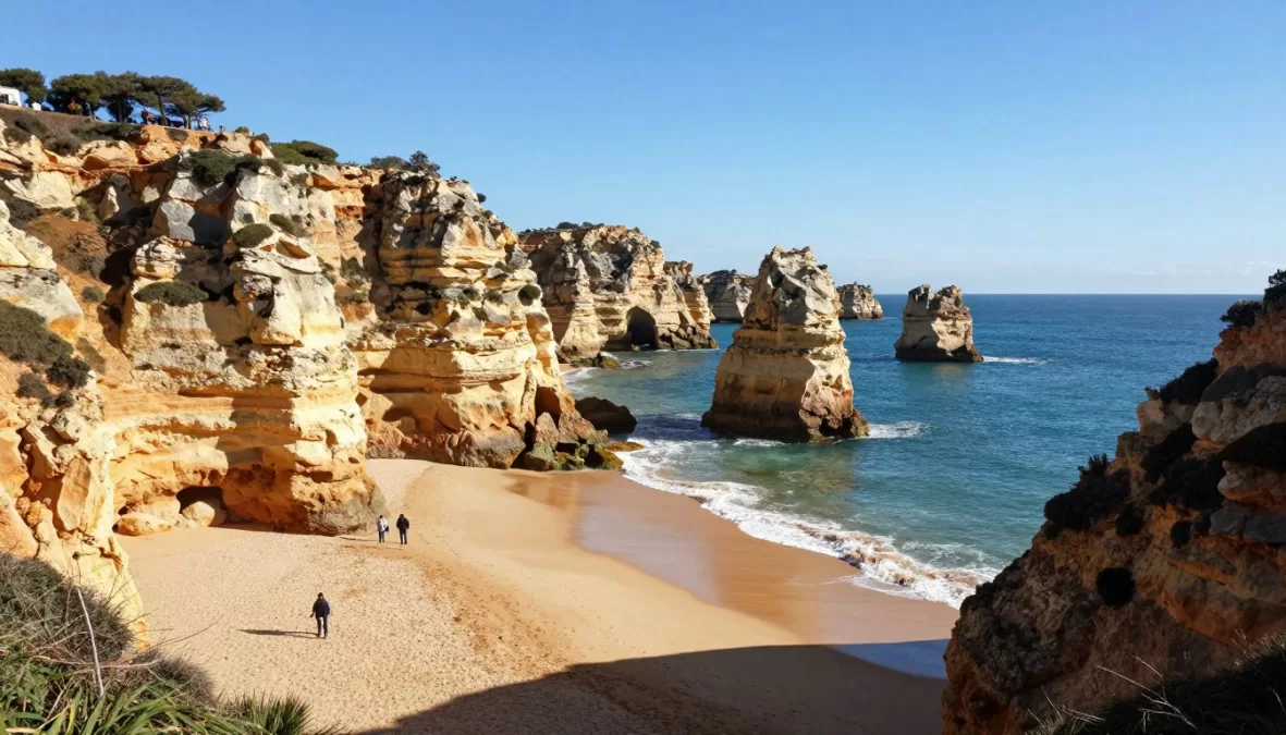 Dramatic cliffs and golden beaches of Praia da Marinha in the Algarve, Portugal in January 2026