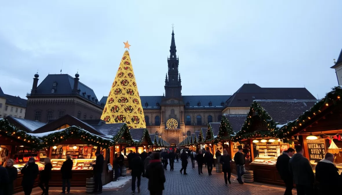 Dresden Striezelmarkt with its famous Christmas pyramid and traditional wooden stalls illuminated at night, top 10 christmas markets in europe 2025