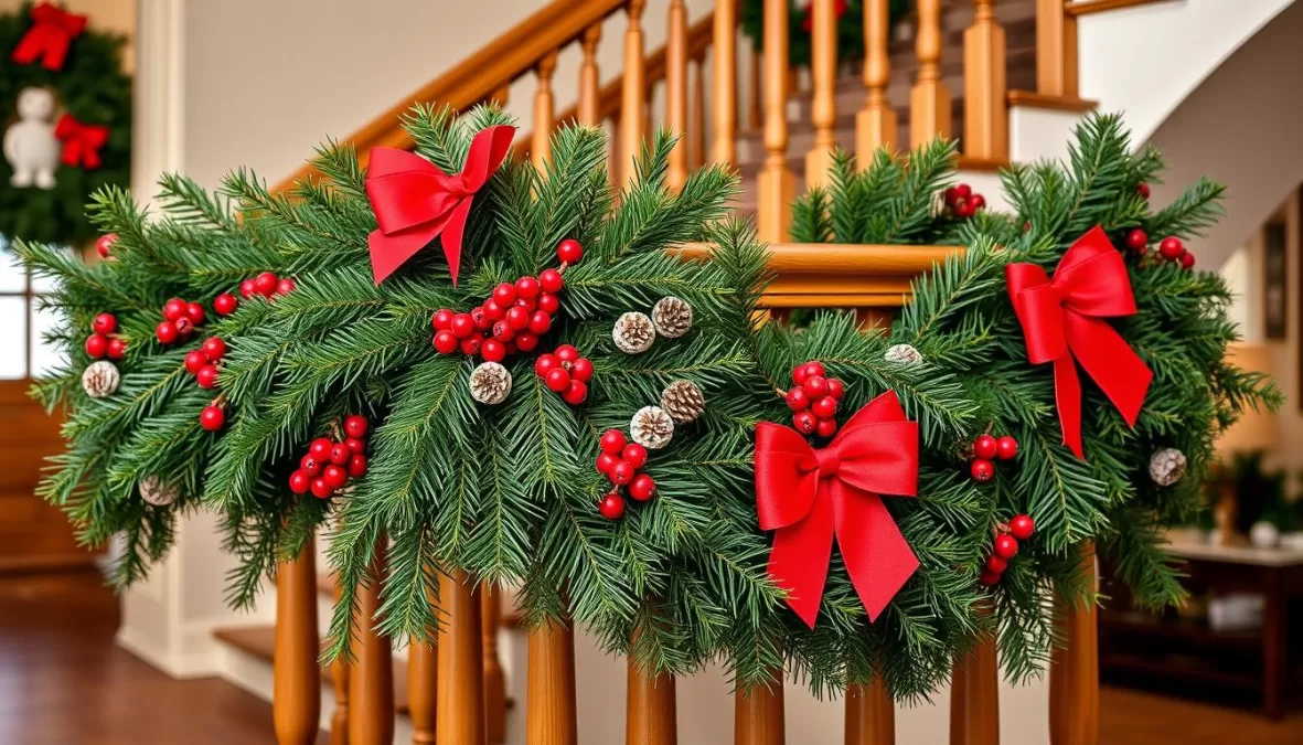 Evergreen garland decorated with red berries and bows on a staircase