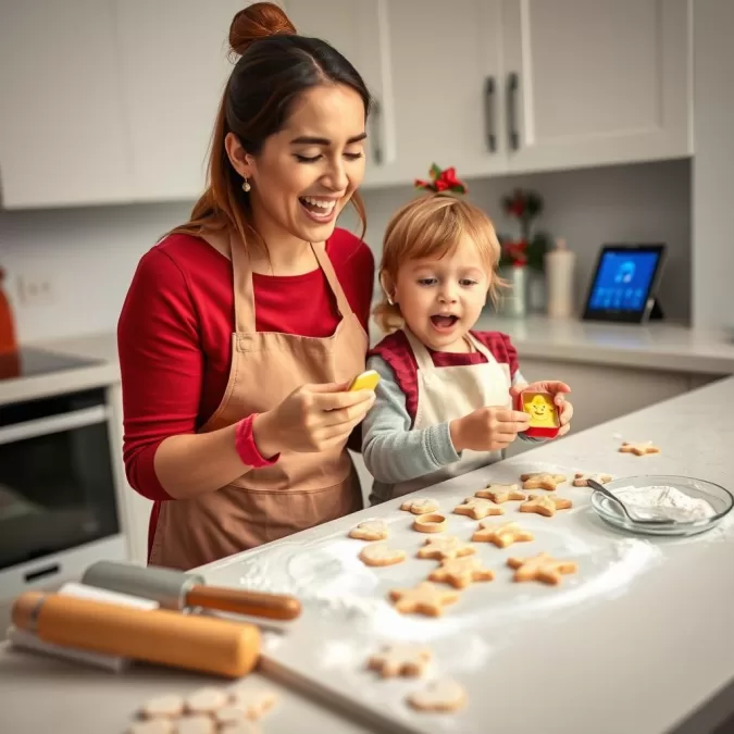Family baking Christmas cookies while listening to holiday music from top 10 new Christmas songs 2025 for kids