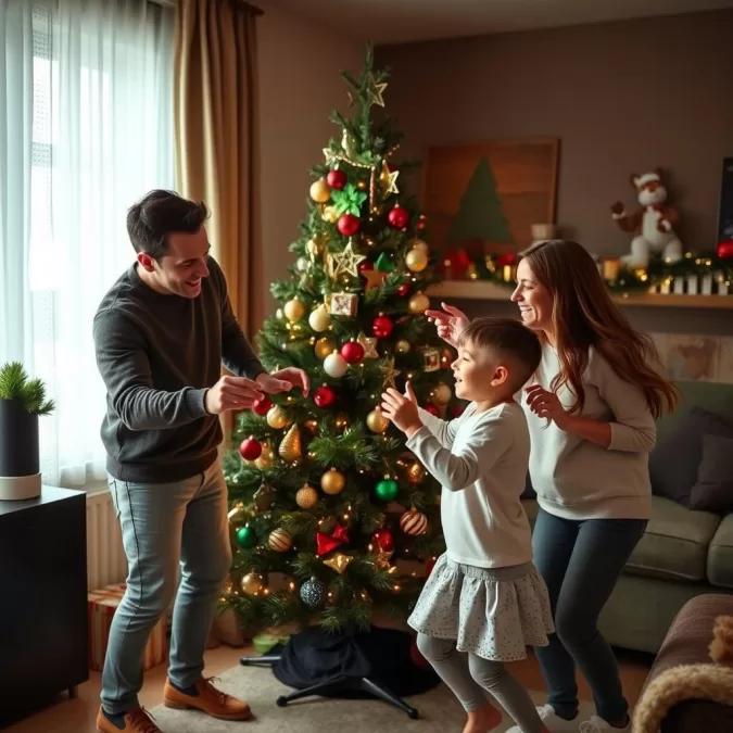 Family decorating Christmas tree while listening to top 10 new Christmas songs 2025 for kids
