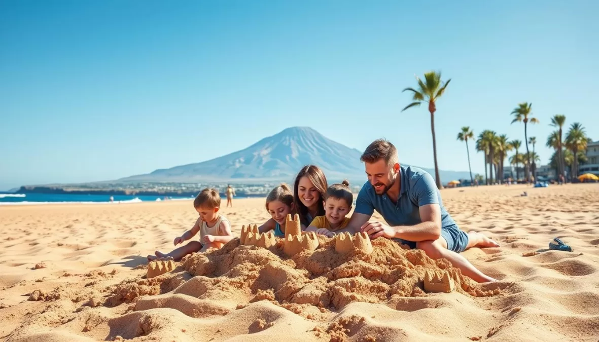 Family enjoying beach time in Tenerife with Mount Teide visible in the background - top 10 winter vacation spots in the world for families 2025