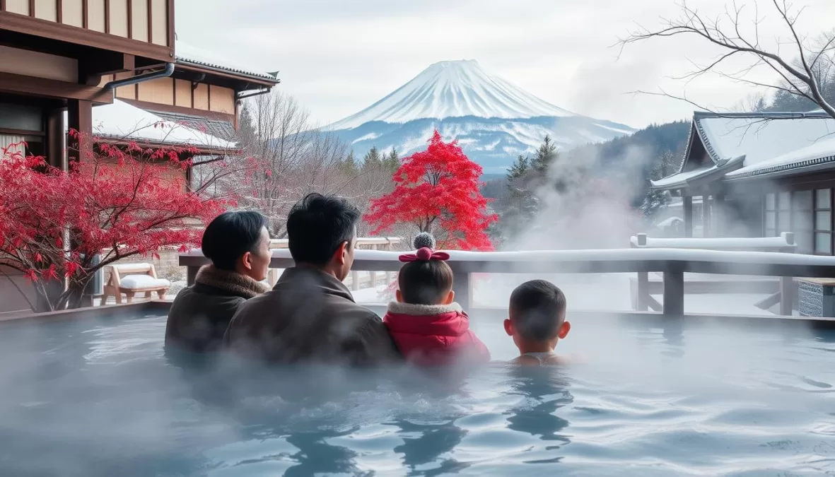 Family enjoying traditional onsen bath in Hakone with Mount Fuji view - top 10 winter vacation spots in the world for families 2025