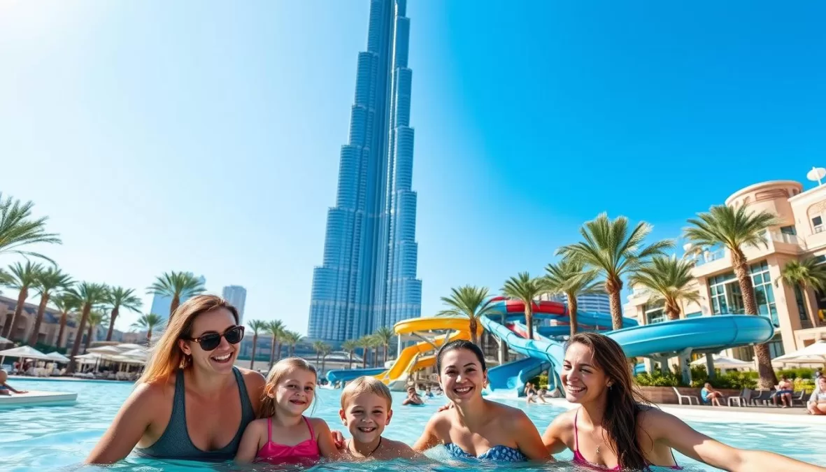 Family enjoying water park activities in Dubai with Burj Khalifa visible in the background - top 10 winter vacation spots in the world for families 2025