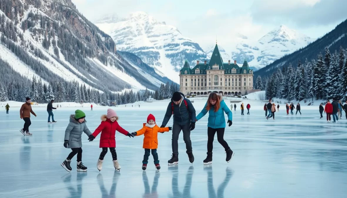 Family ice skating on Lake Louise in Banff National Park with snow-capped mountains - top 10 winter vacation spots in the world for families 2025