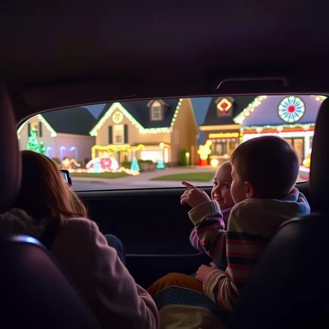 Family in car looking at Christmas lights while listening to top 10 new Christmas songs 2025 for kids