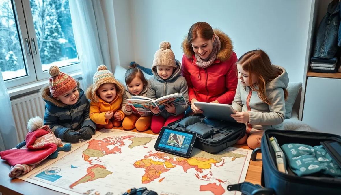 Family packing winter gear and planning their vacation with a map and guidebook - top 10 winter vacation spots in the world for families 2025
