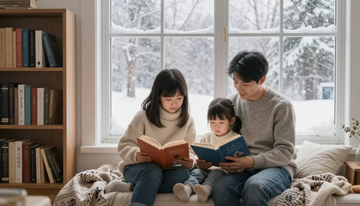 Family reading winter books by window with snow falling outside