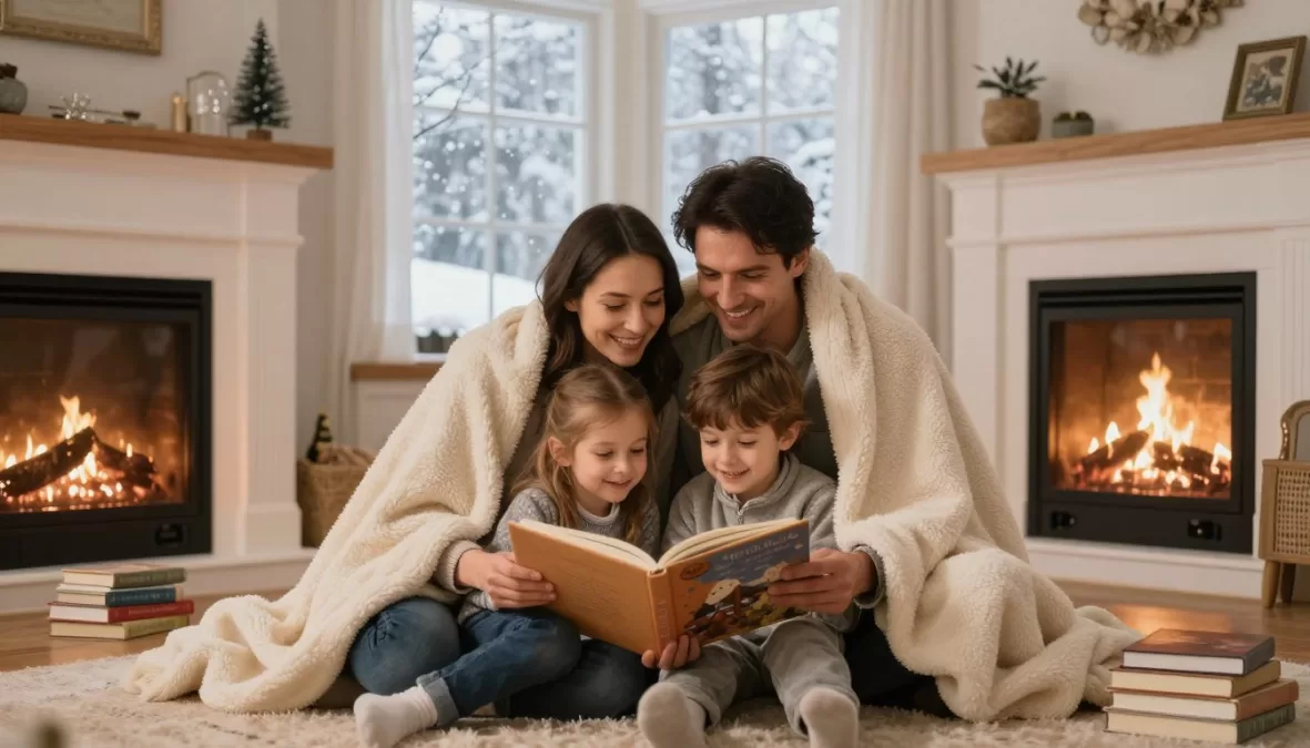 Family reading winter books together by a fireplace