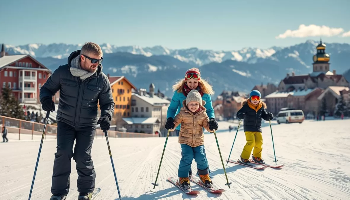 Family skiing in Innsbruck with colorful medieval buildings visible in the background - top 10 winter vacation spots in the world for families 2025