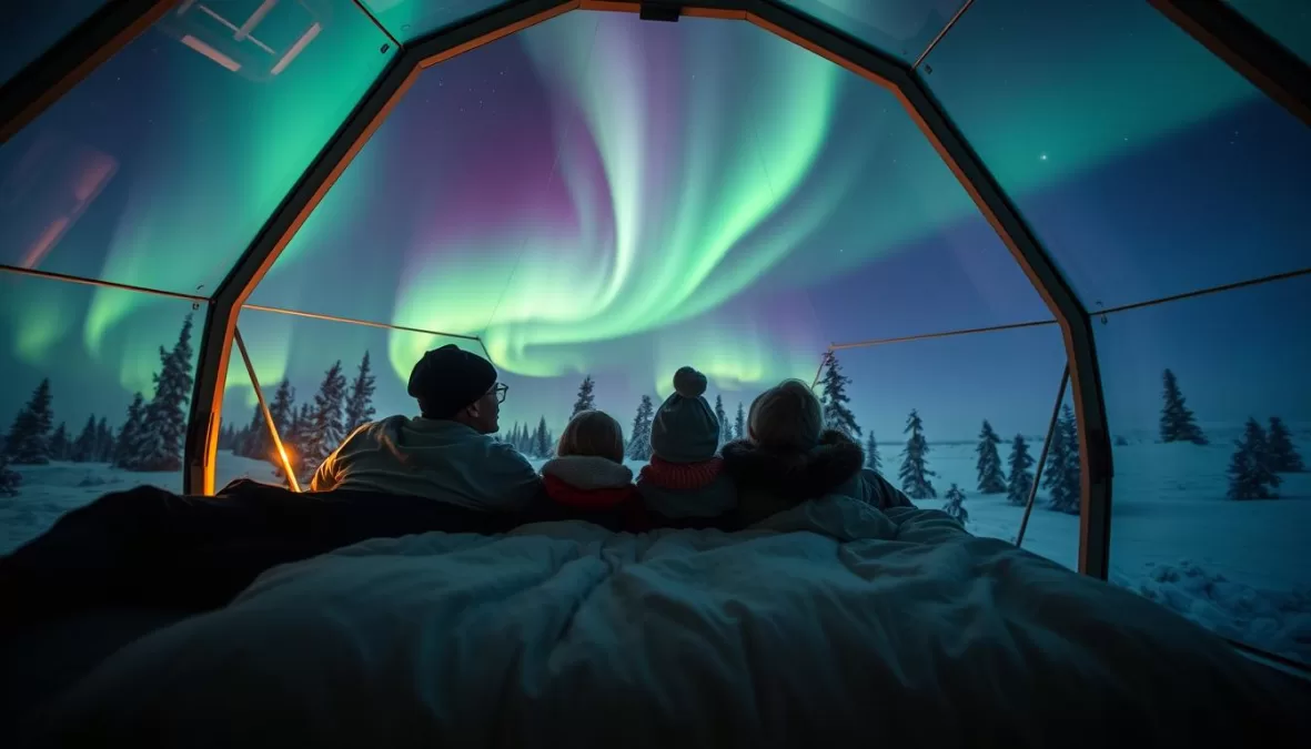 Family watching Northern Lights from glass igloo accommodation in Rovaniemi - top 10 winter vacation spots in the world for families 2025