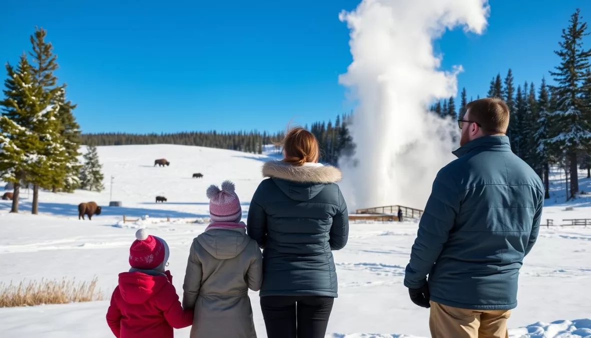 Family watching Old Faithful geyser erupt in winter at Yellowstone National Park - top 10 winter vacation spots in the world for families 2025