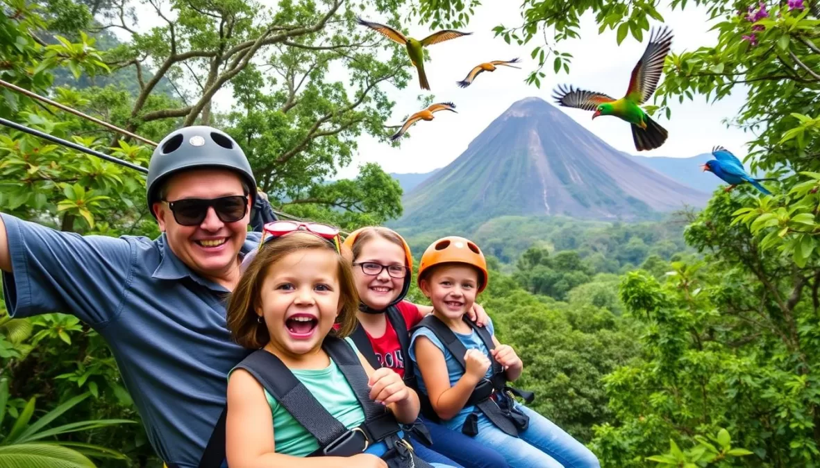 Family zip-lining through Costa Rica's rainforest canopy with volcano view - top 10 winter vacation spots in the world for families 2025