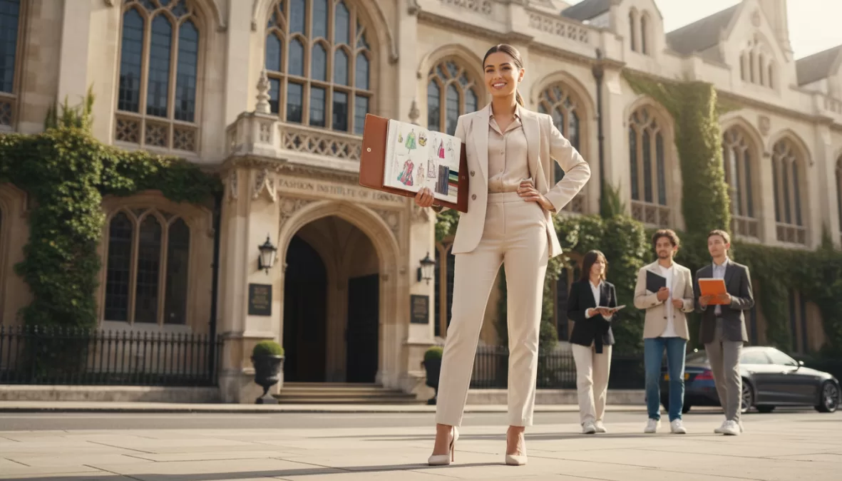 Fashion design graduate holding portfolio in front of college building